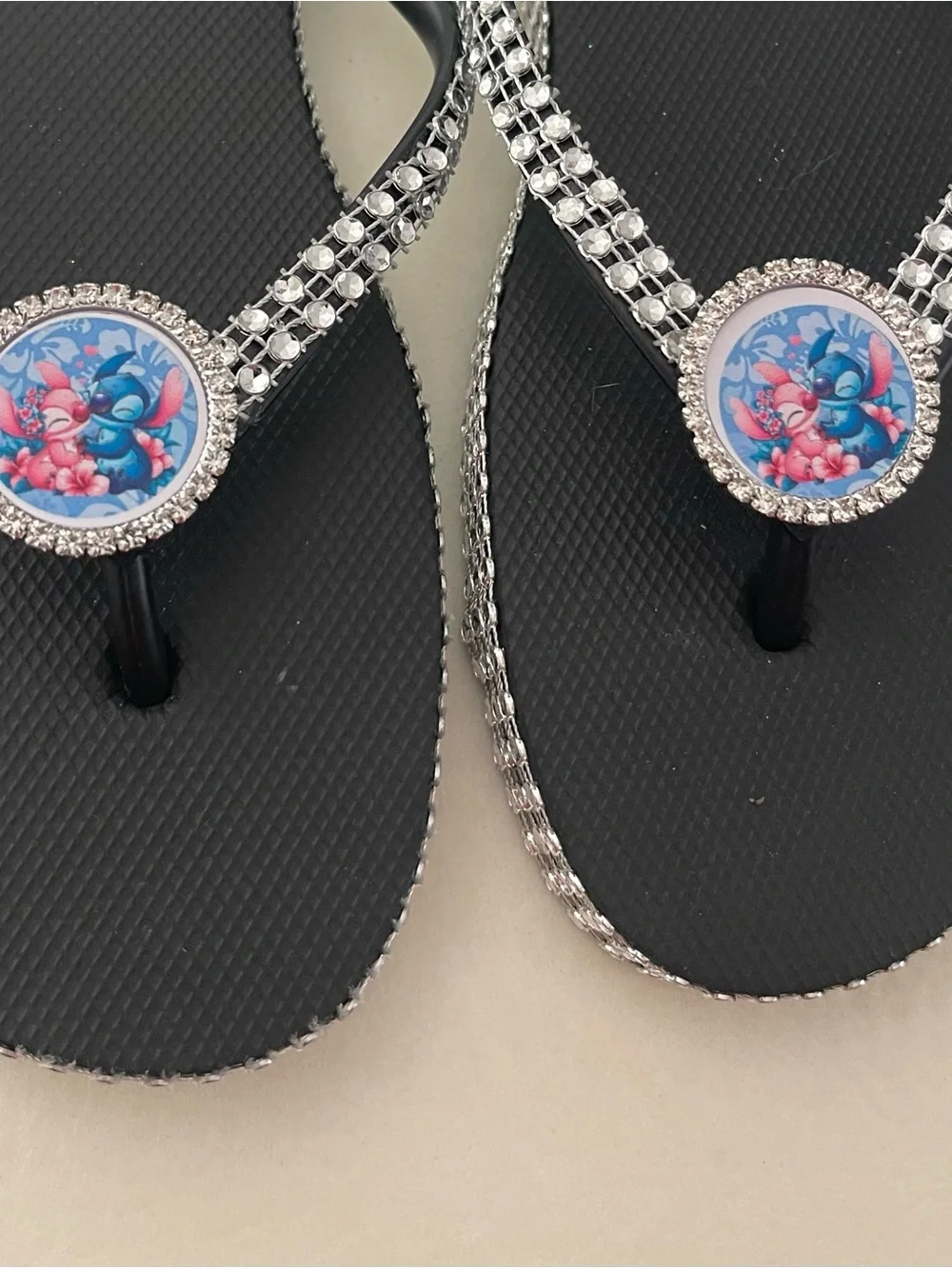 Women’s Black Rhinestone Flip Flop Sandals with Blue & Pink Accent